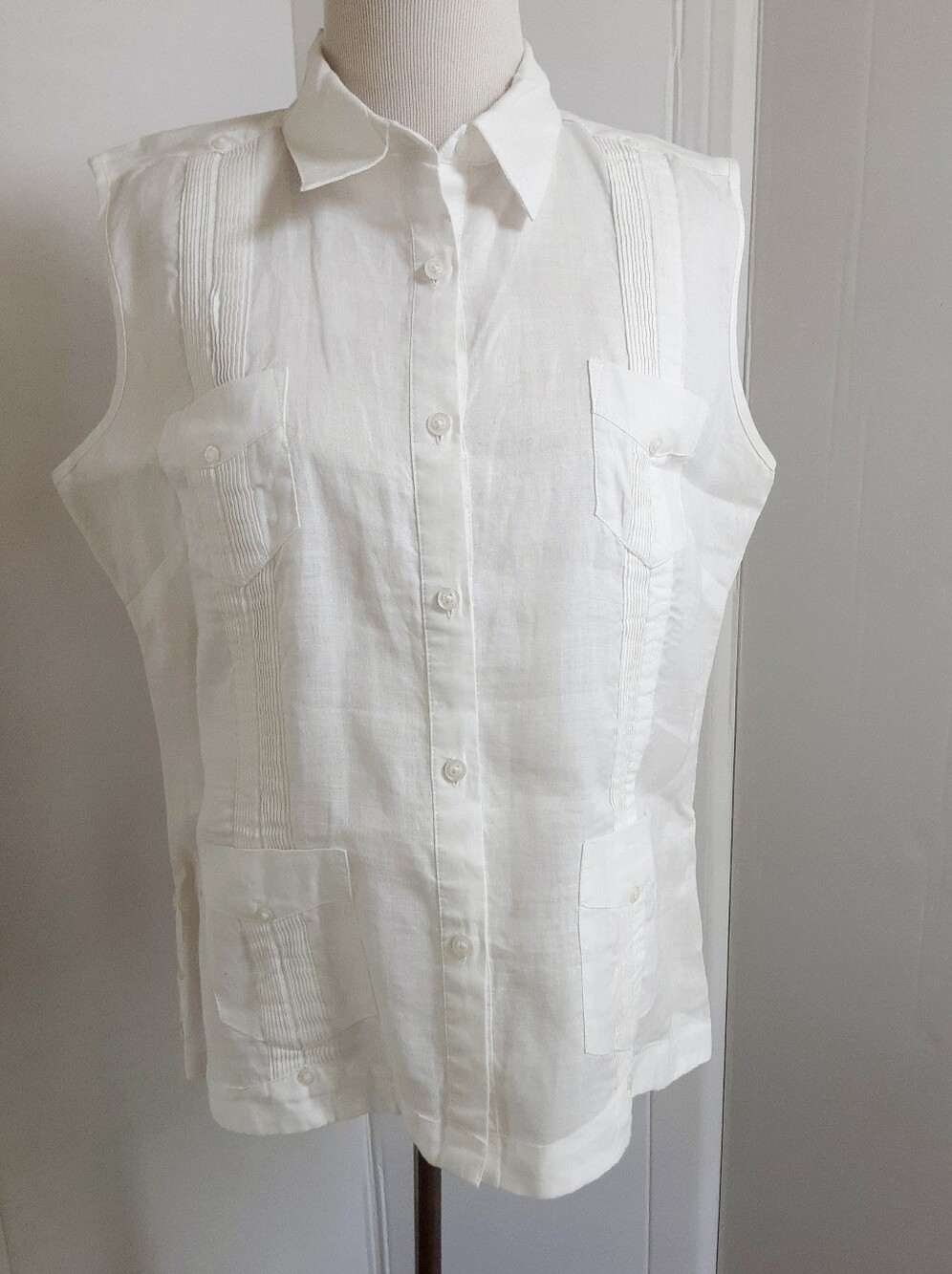 Azucar 100% Linen Guayabera Traditional Sleeveless 4-Pocket Shirt Sz XL -NWOT
